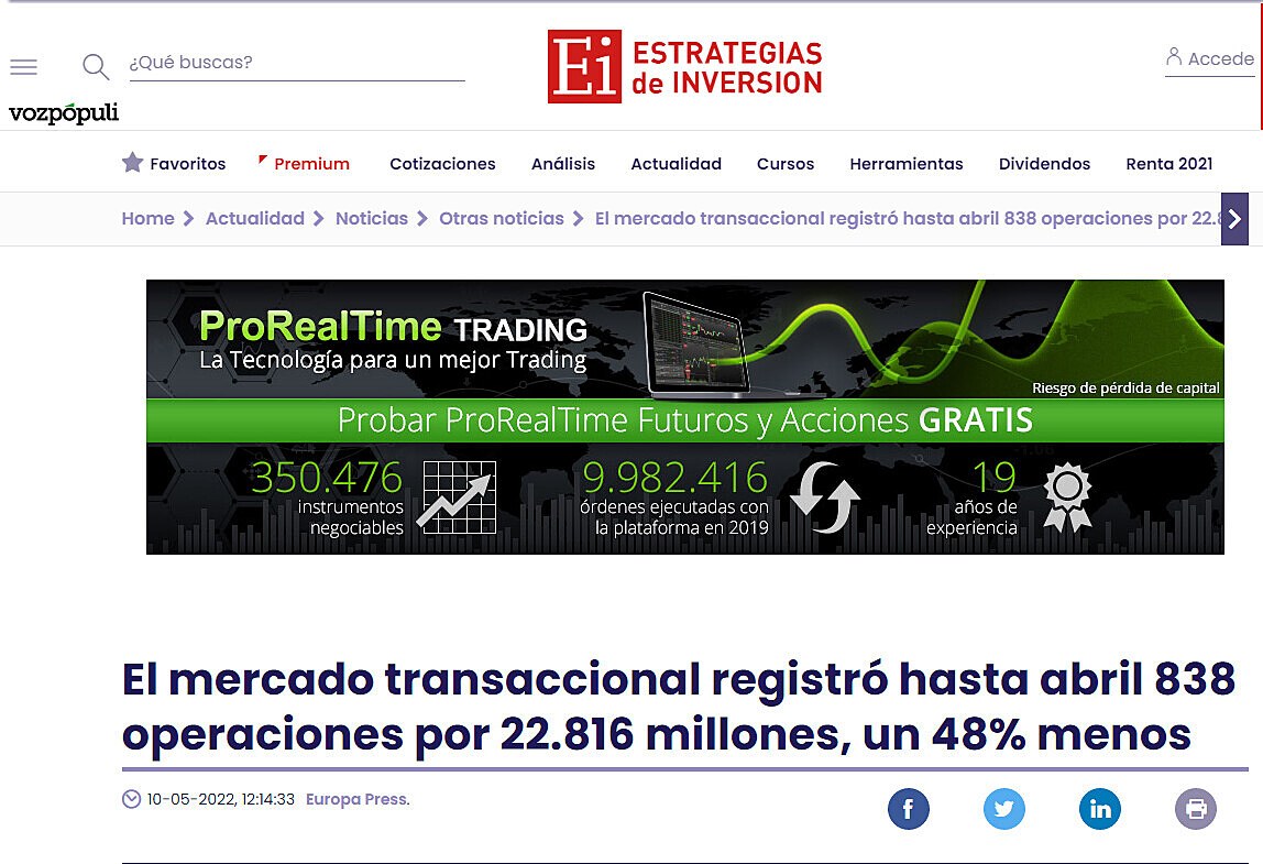 El mercado transaccional registr hasta abril 838 operaciones por 22.816 millones, un 48% menos